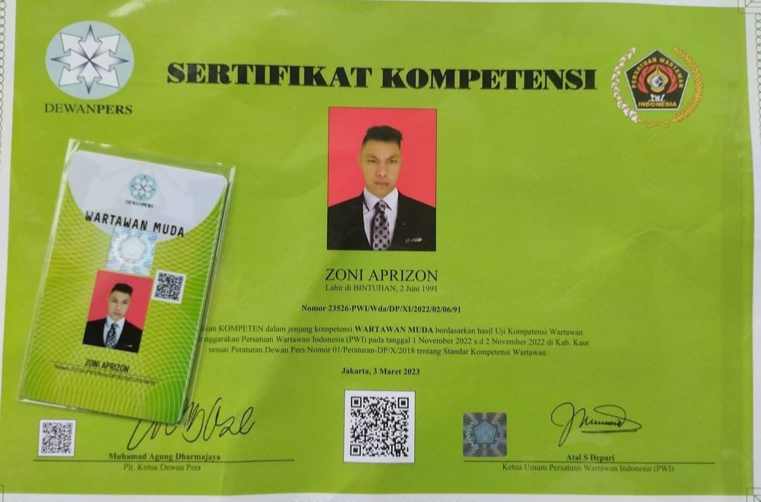 Sertifikat Kompetensi Wartawan Muda — Zoni Aprizon