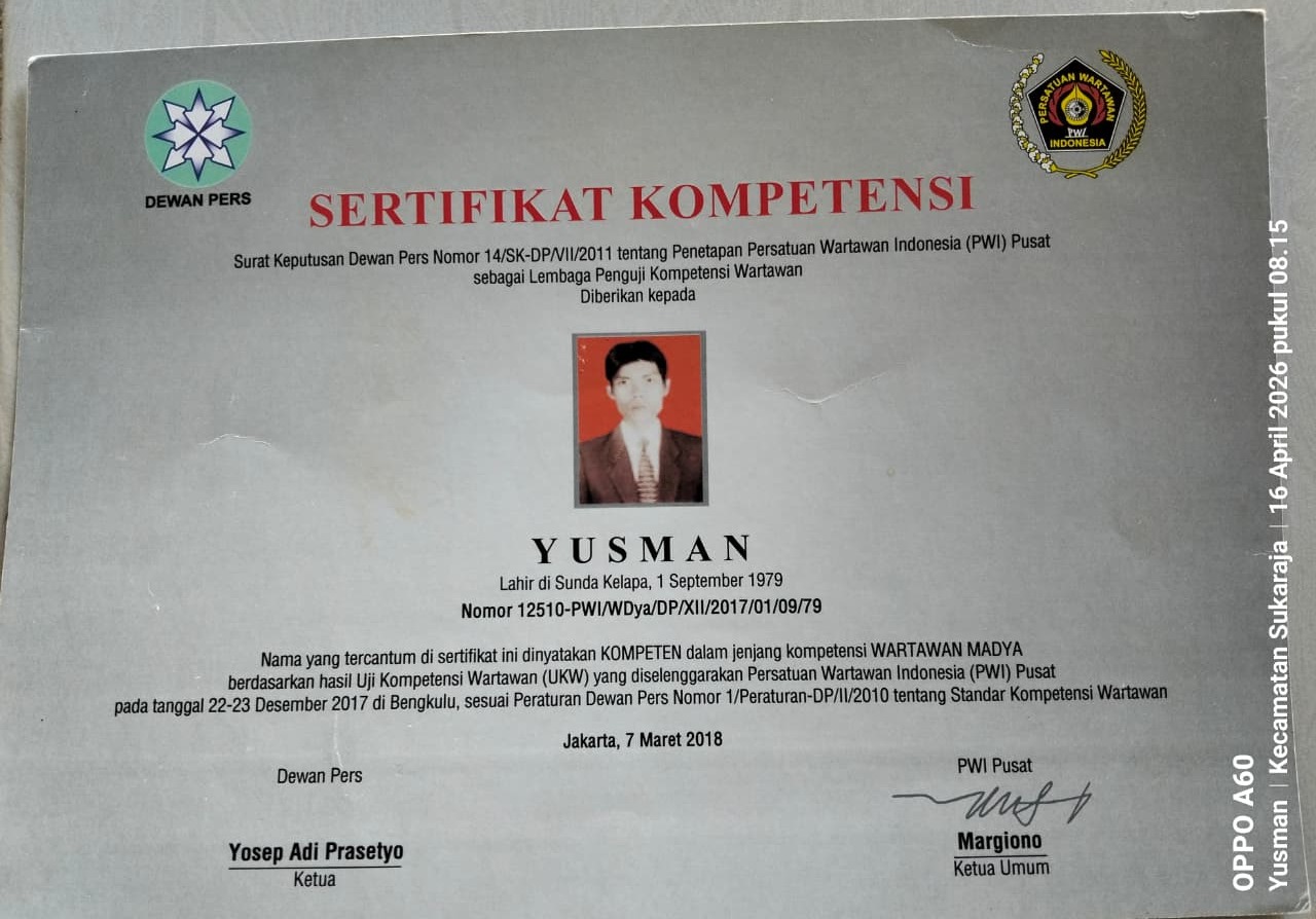 Sertifikat Kompetensi Wartawan Madya — Yusman