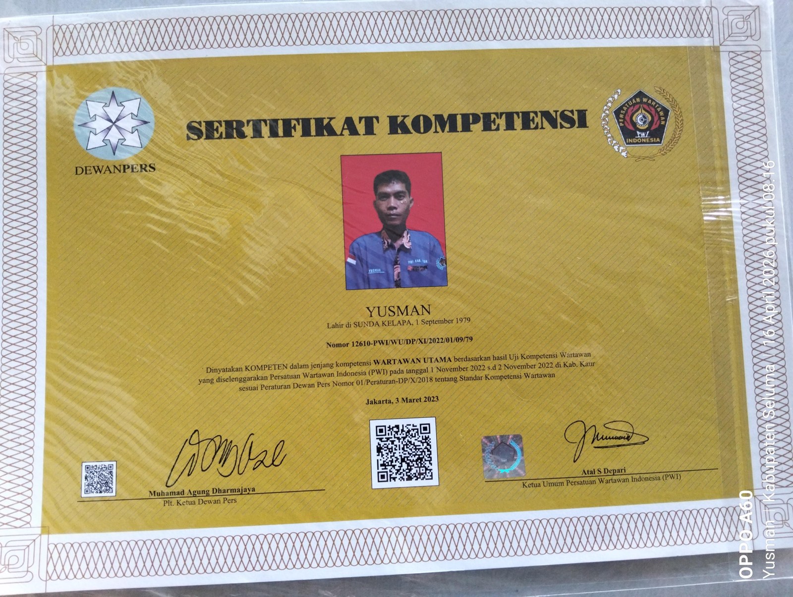 Sertifikat Kompetensi Wartawan Utama — Yusman